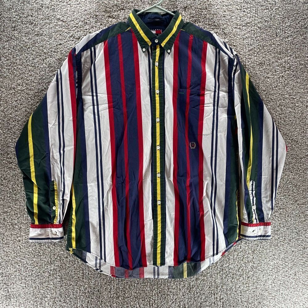 Vintage Tommy Hilfiger Shirt Mens Large Stripped 90s Cotton Button Up Adult Logo